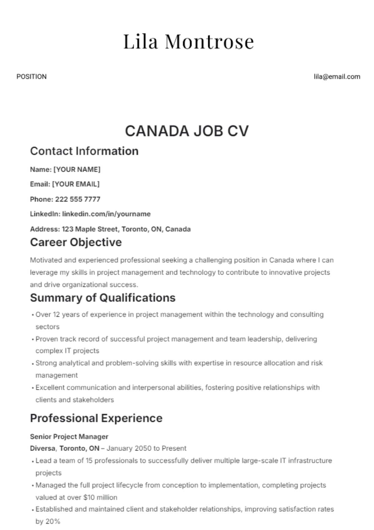 Canada Job CV Template - Edit Online & Download