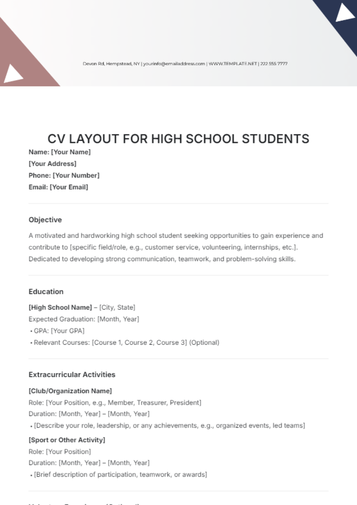 CV Layout Template for High School Students - Edit Online & Download