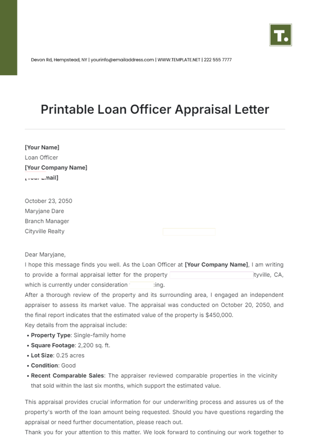 Printable Loan Officer Appraisal Letter Template - Edit Online & Download