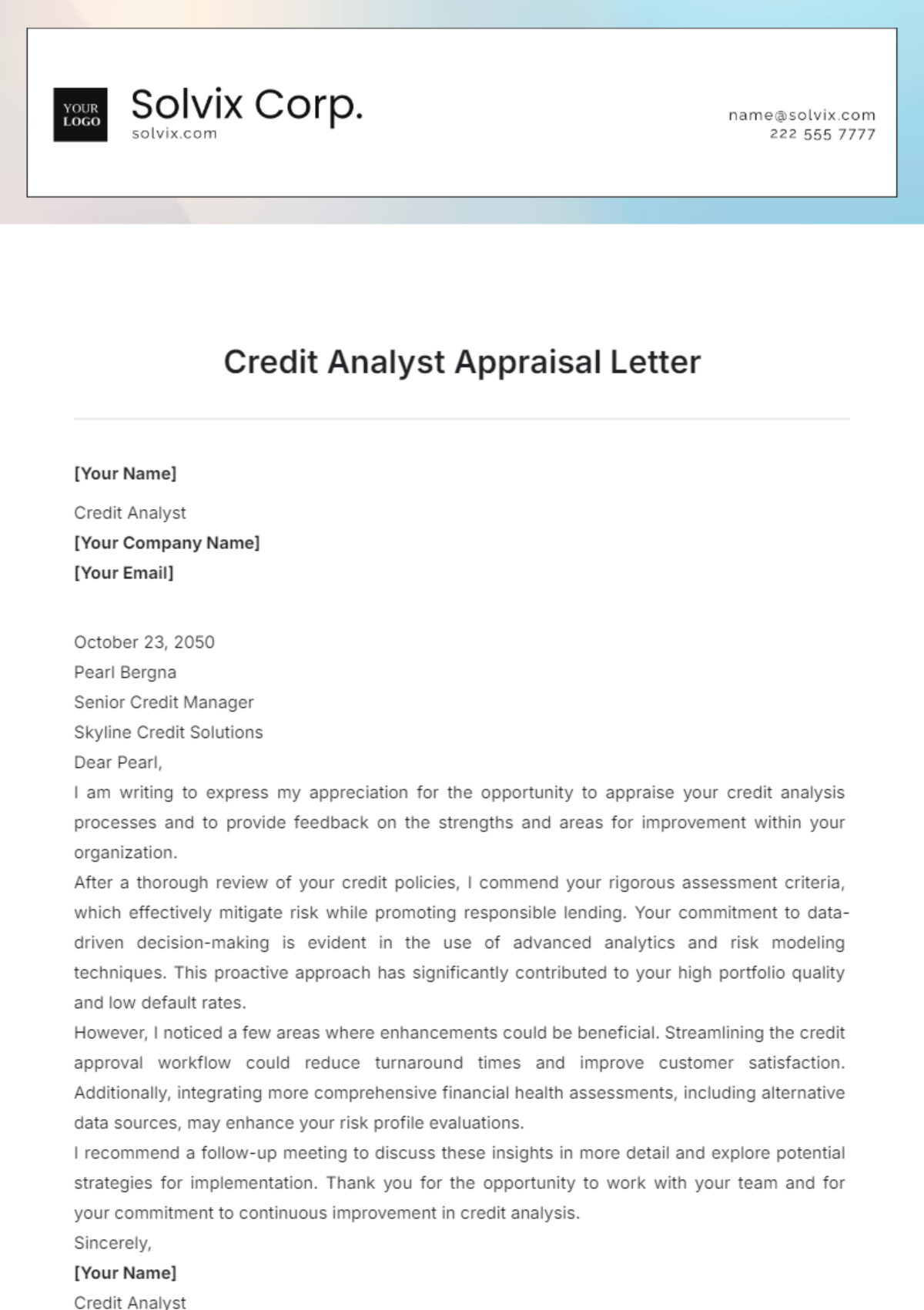 Credit Analyst Appraisal Letter Template | Template.net