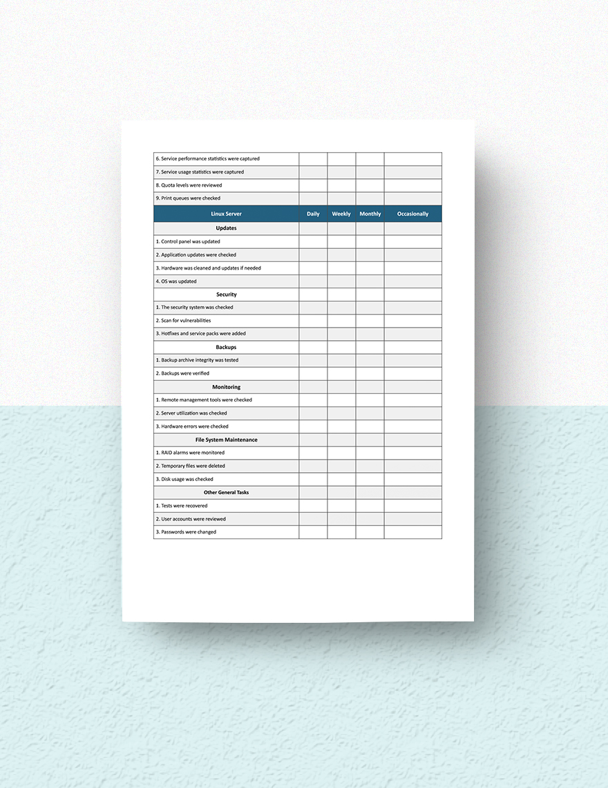 Server Maintenance Checklist Template In Google Docs Word Pages