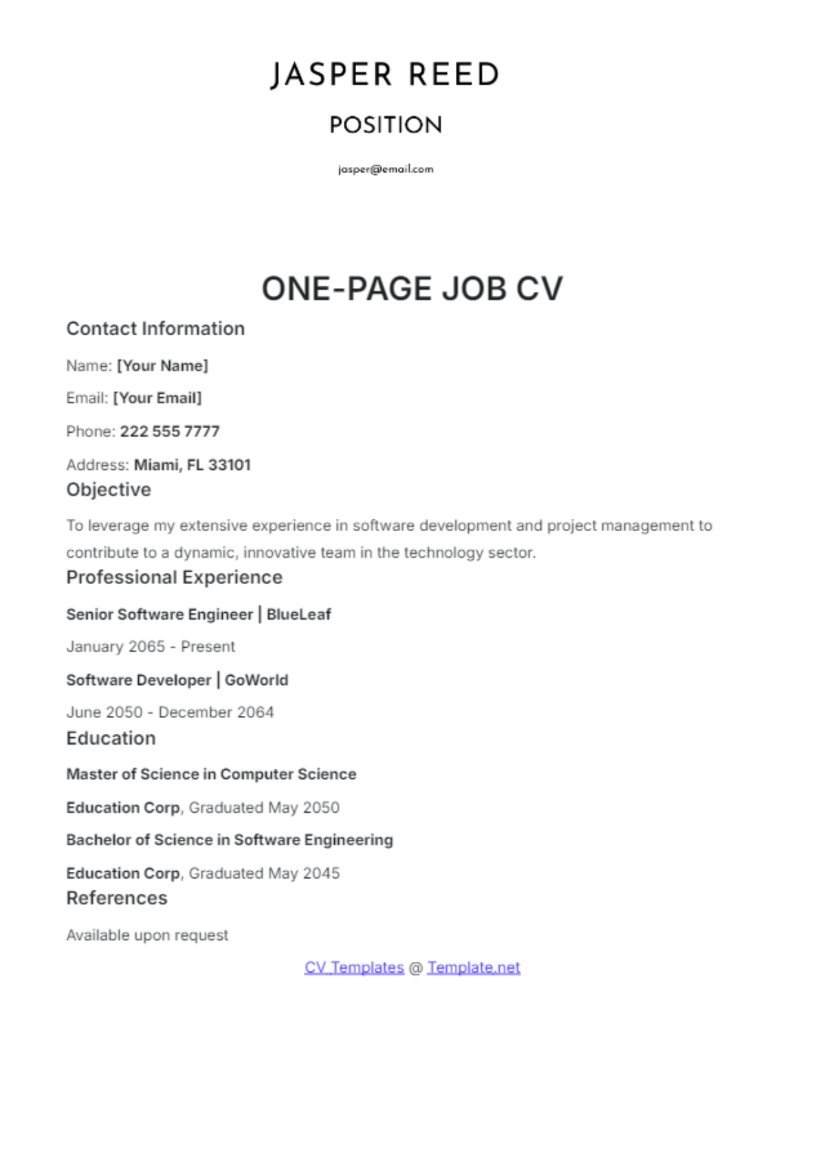 One-Page Job CV Template - Download | Template.net