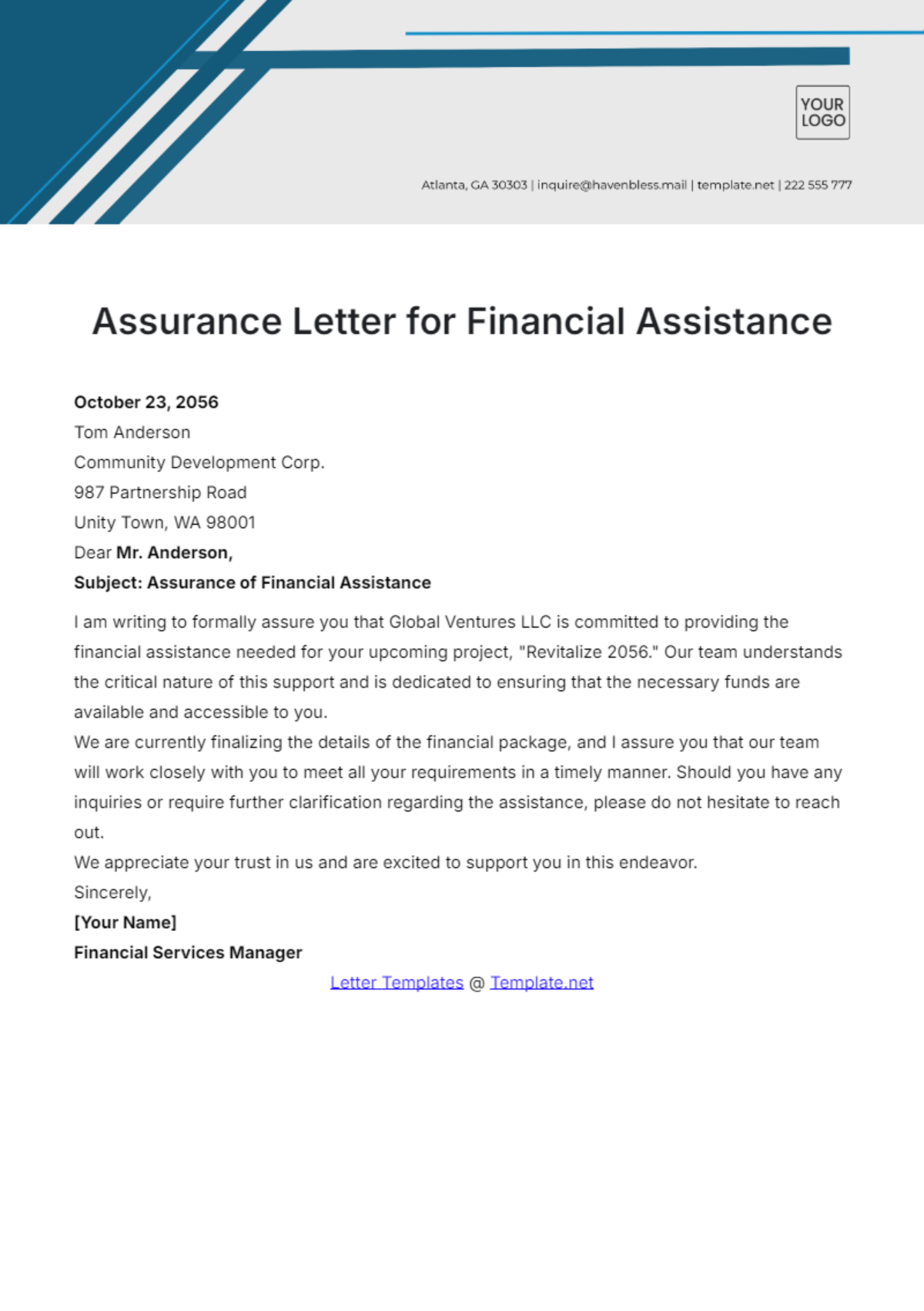 Assurance Letter for Financial Assistance Letter Template - Edit Online & Download