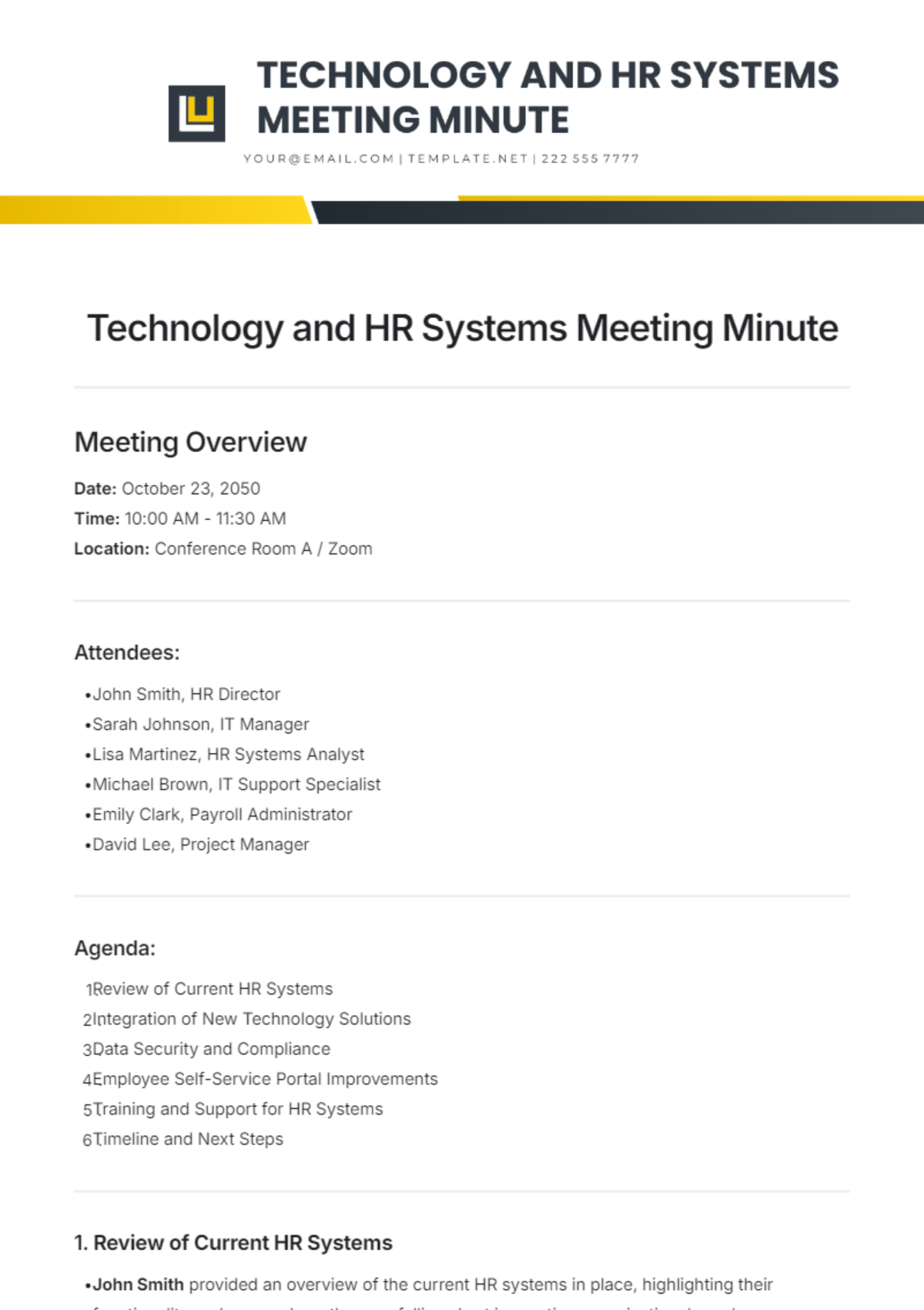 Technology and HR Systems Meeting Minute Template - Edit Online & Download