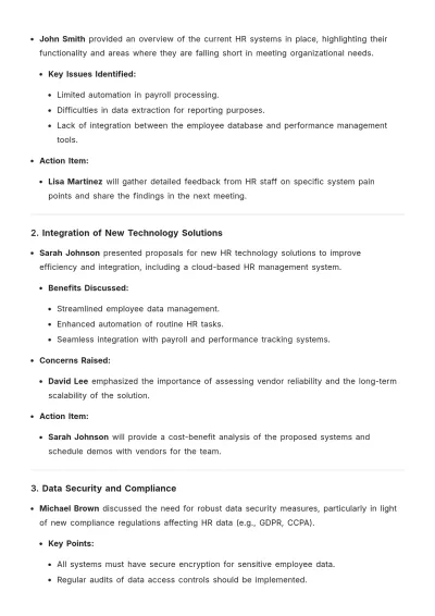 Free Technology and HR Systems Meeting Minute Template to Edit Online