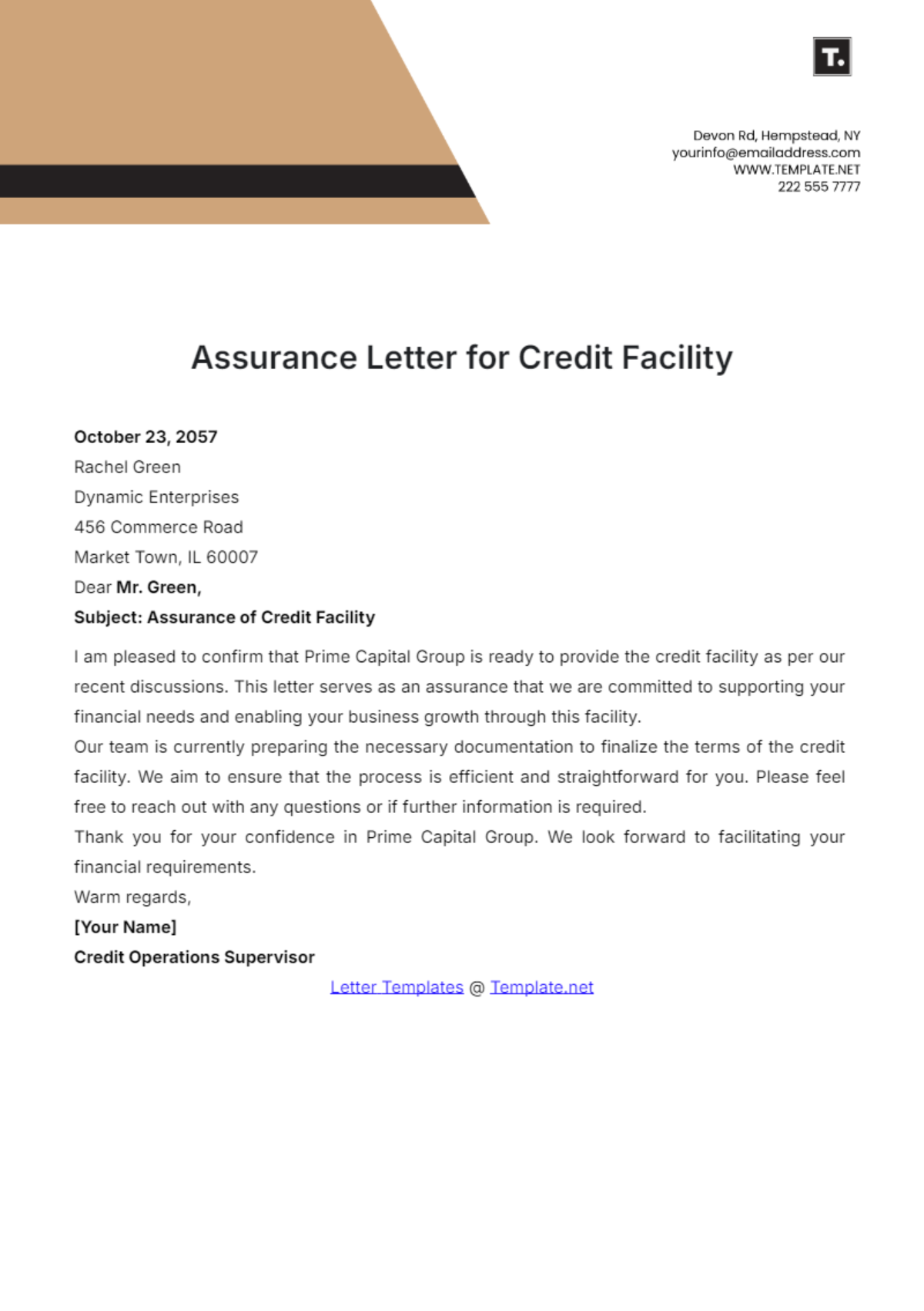 Assurance Letter for Credit Facility Letter Template - Edit Online & Download