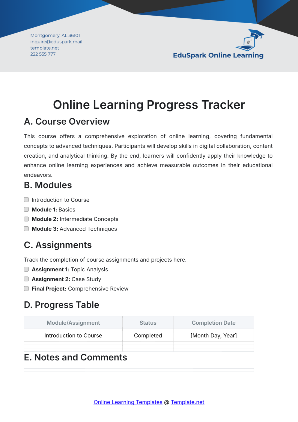 Online Learning Progress Tracker Template - Edit Online & Download