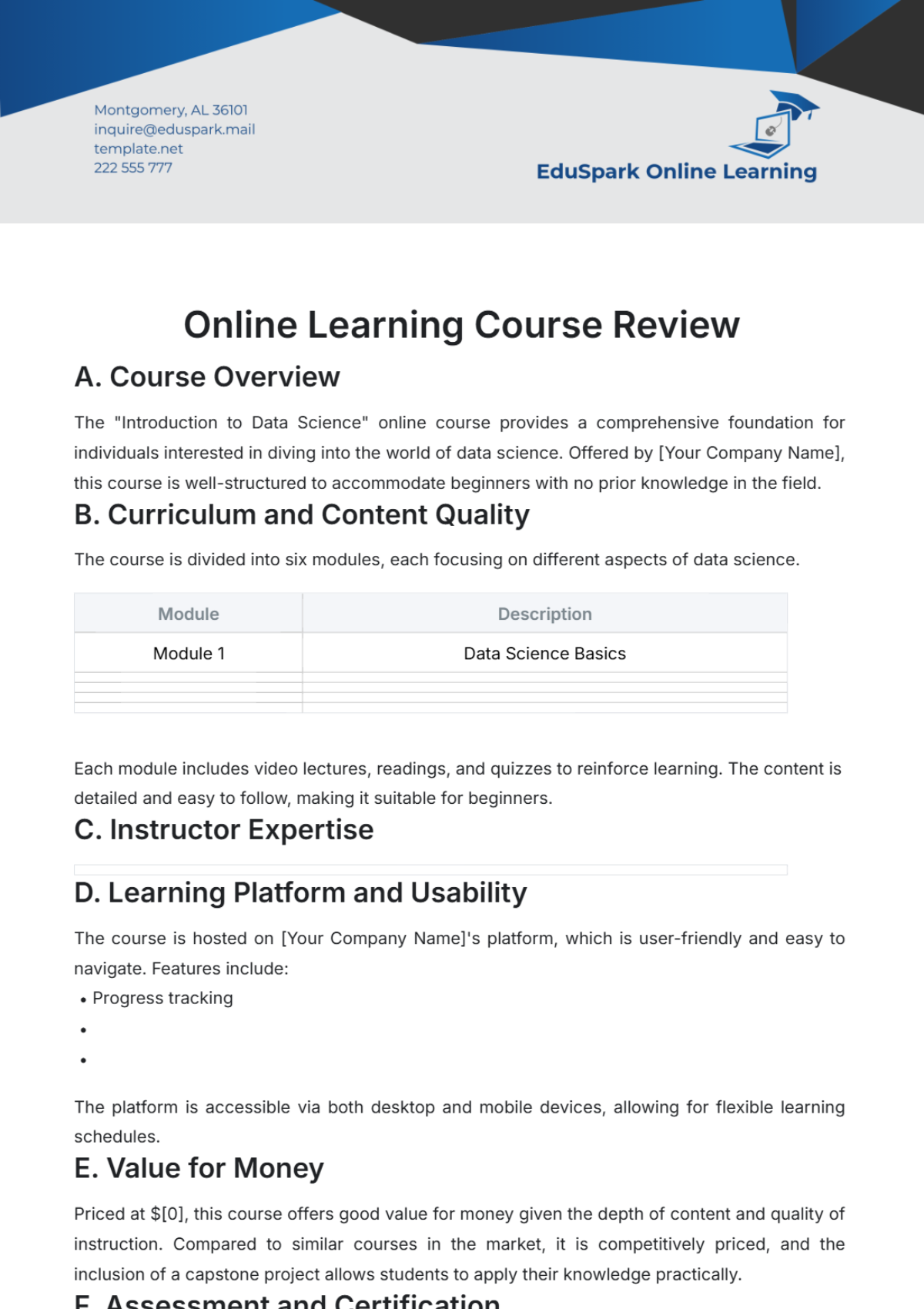 Online Learning Course Review Template - Edit Online & Download