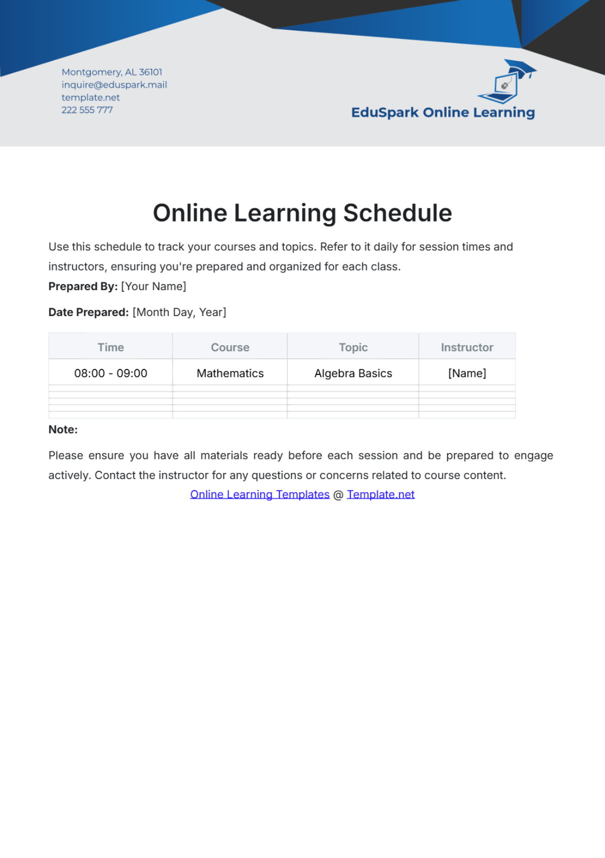 Online Learning Schedule Template - Edit Online & Download