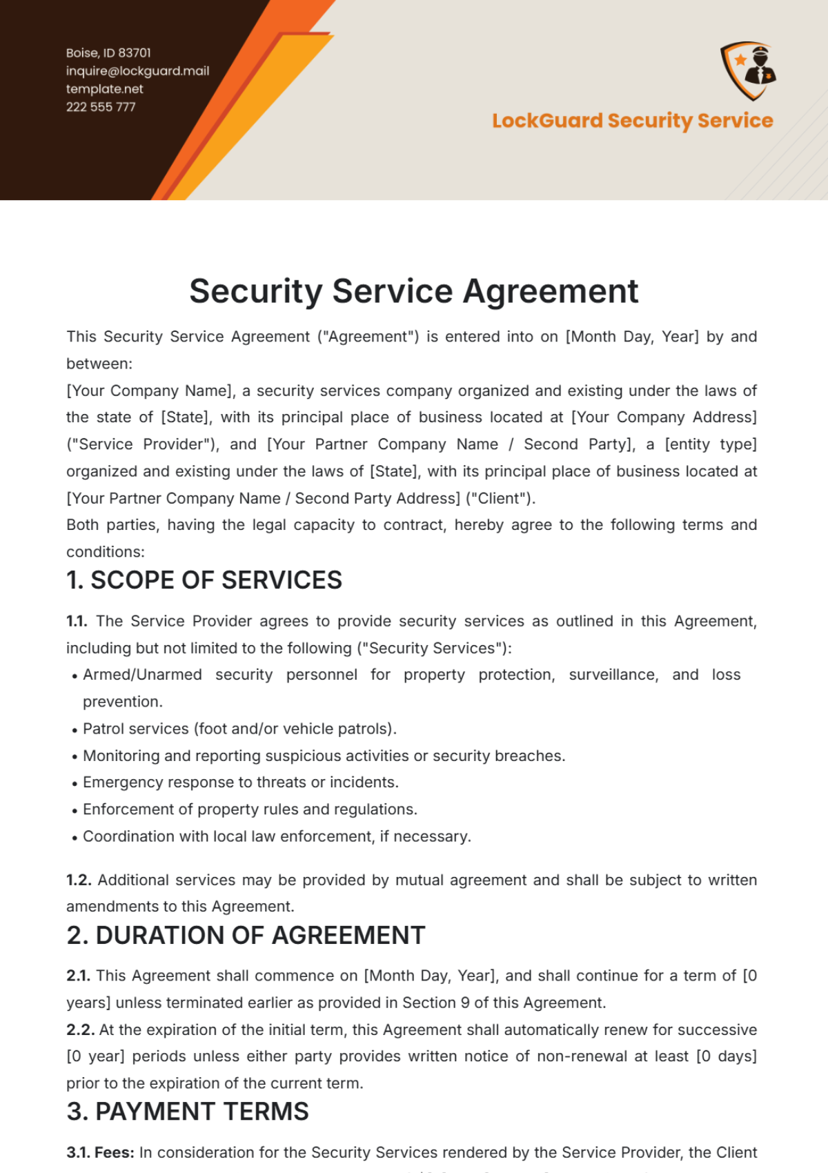 Security Service Agreement Template - Edit Online & Download