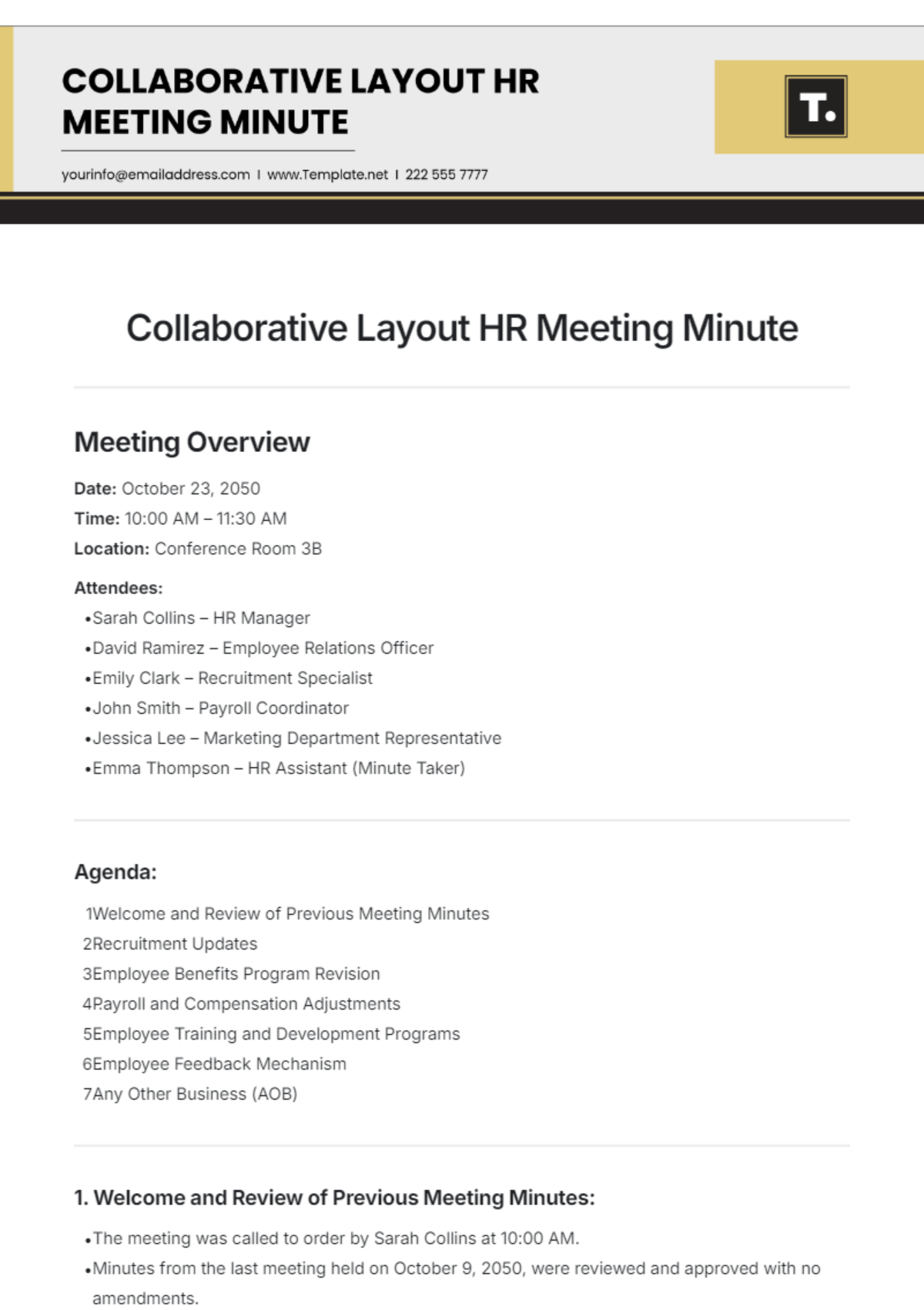 Collaborative Layout HR Meeting Minute  Template - Edit Online & Download