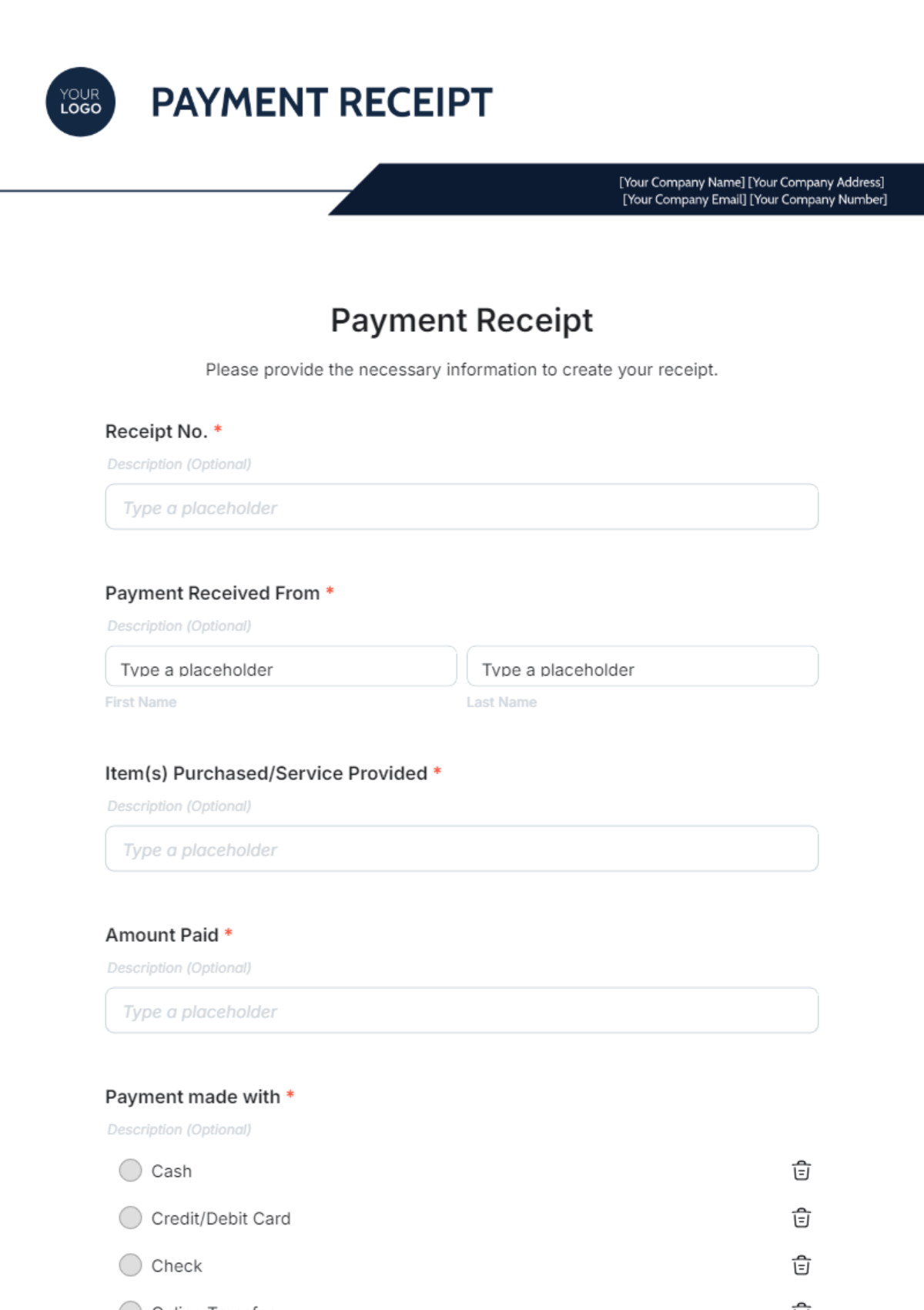 Payment Receipt Form Template