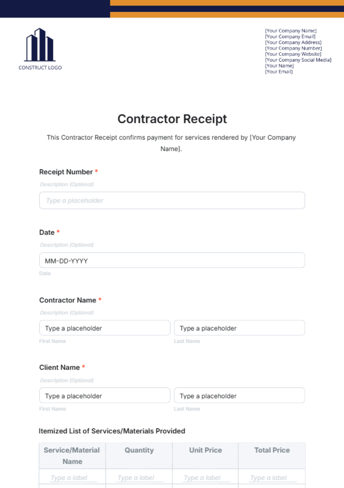 Contractor Receipt Form Template - Edit Online & Download