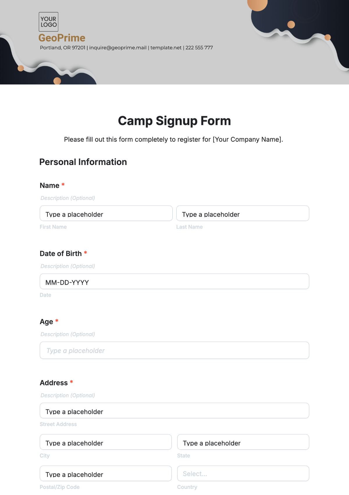 Camp Signup Form Template - Edit Online & Download