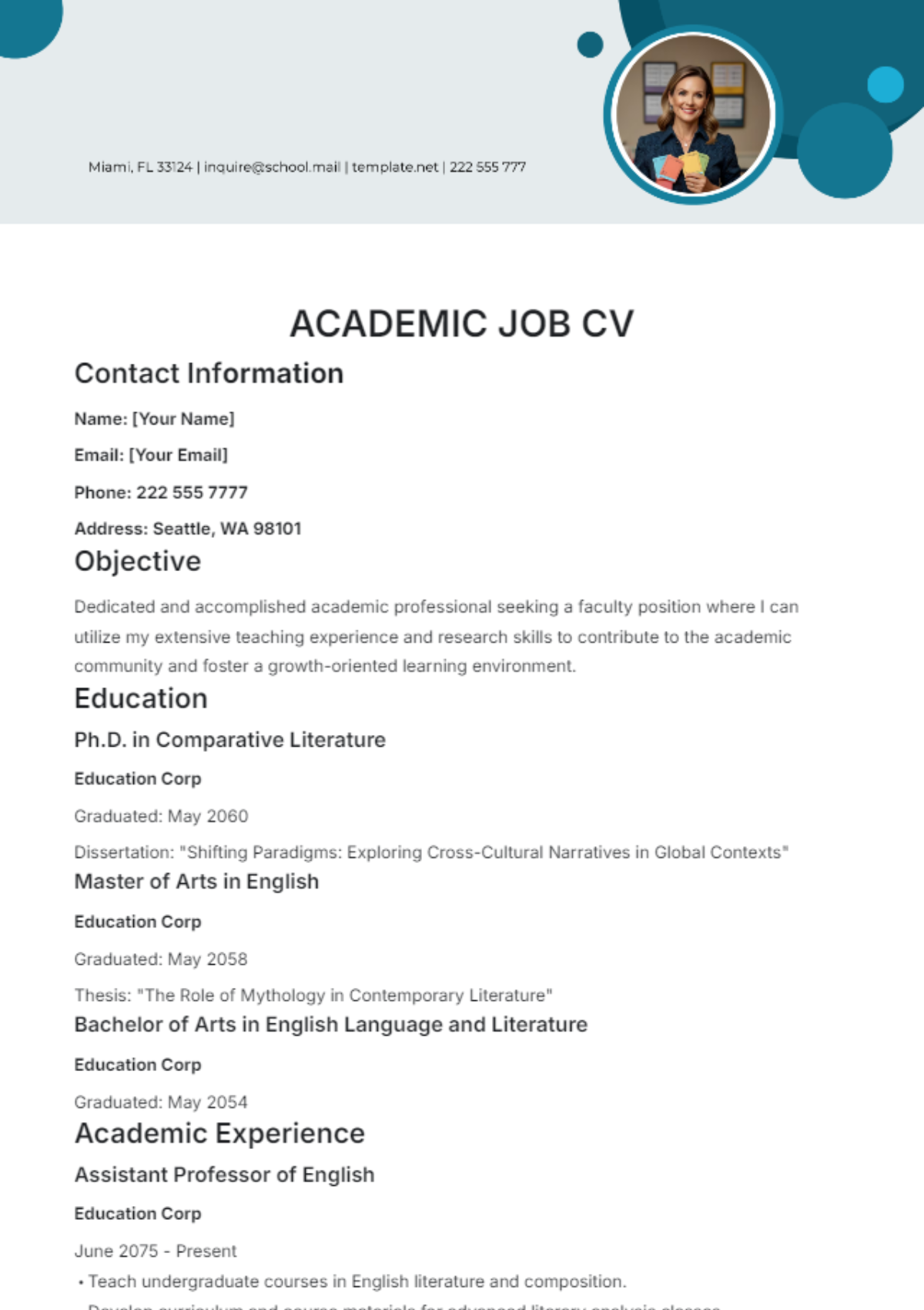 Academic Job CV Template - Edit Online & Download