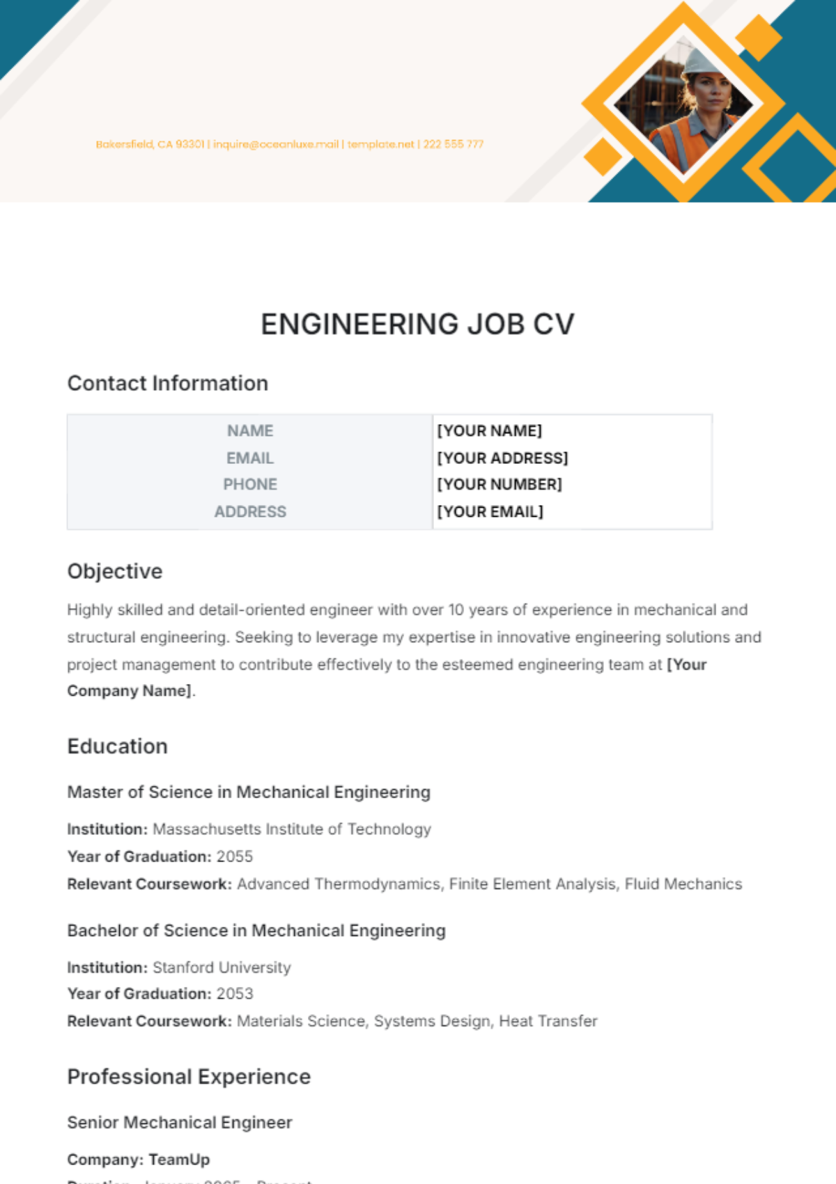 Engineering Job CV Template - Edit Online & Download