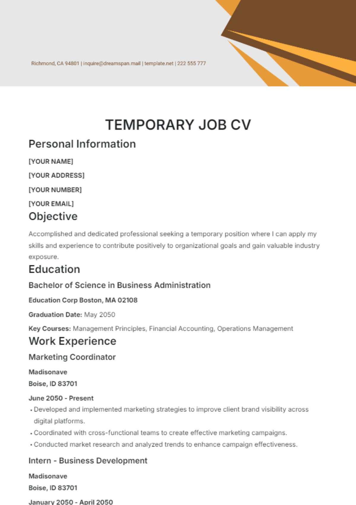 Temporary Job CV Template - Edit Online & Download