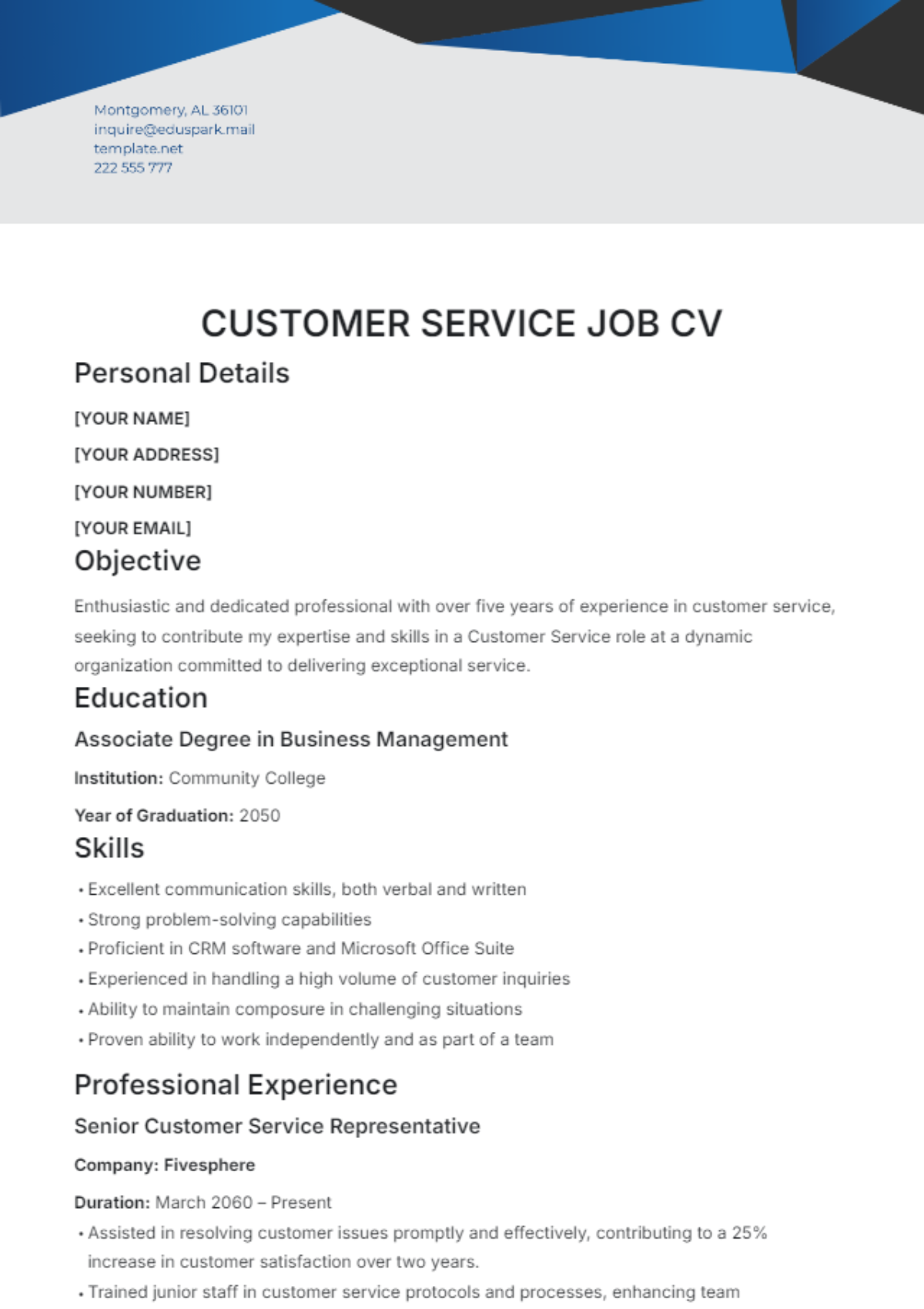 Customer Service Job CV Template - Edit Online & Download