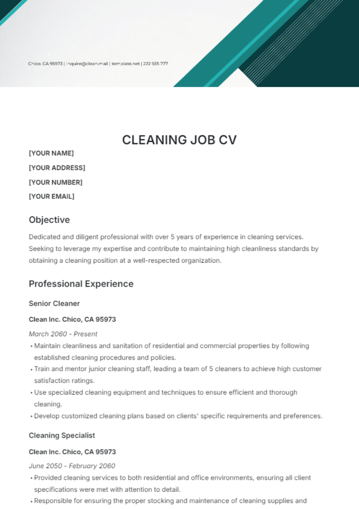 Cleaning Job CV Template - Edit Online & Download