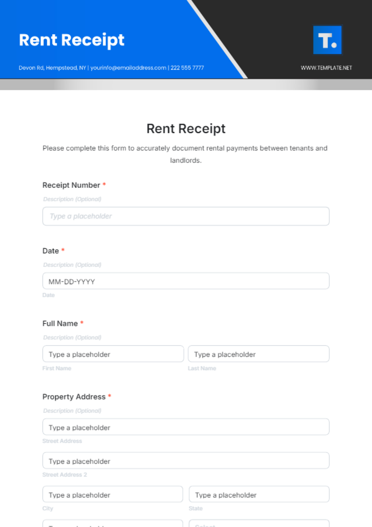 Rent Receipt Form Template