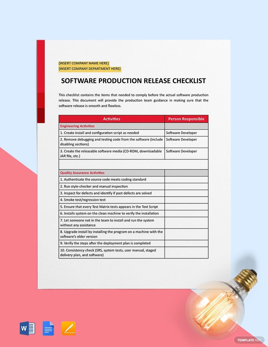 Software Production Release Checklist Template