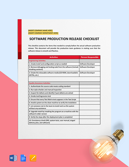 Software Production Release Checklist Template - Google Docs, Word ...