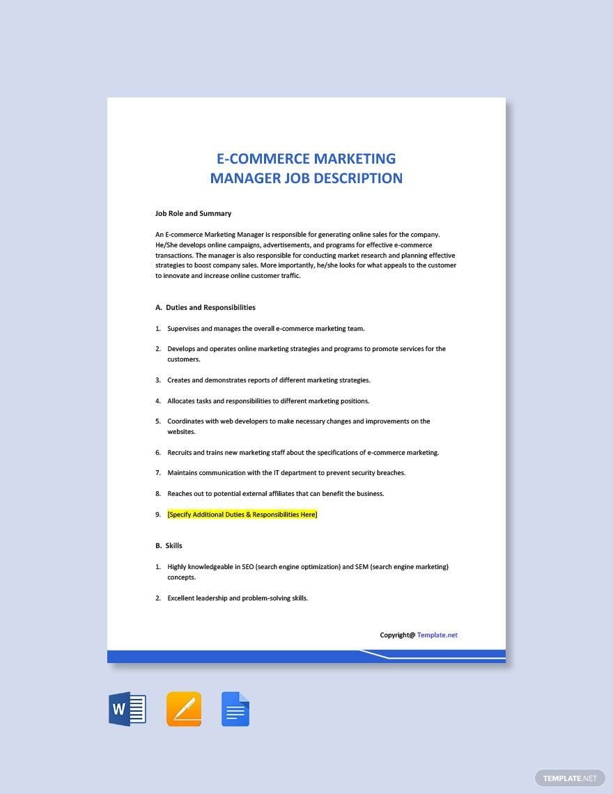 Ecommerce Marketing Manager Job Ad/Description Template
