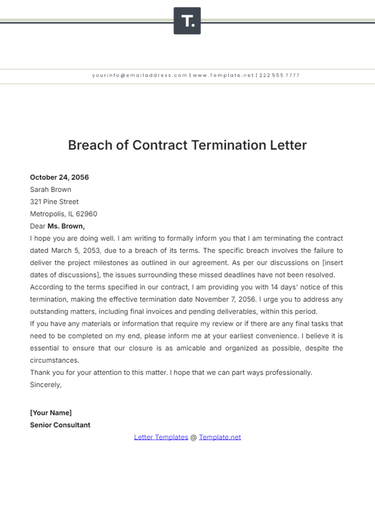 Breach of Contract Termination Letter Template - Edit Online & Download