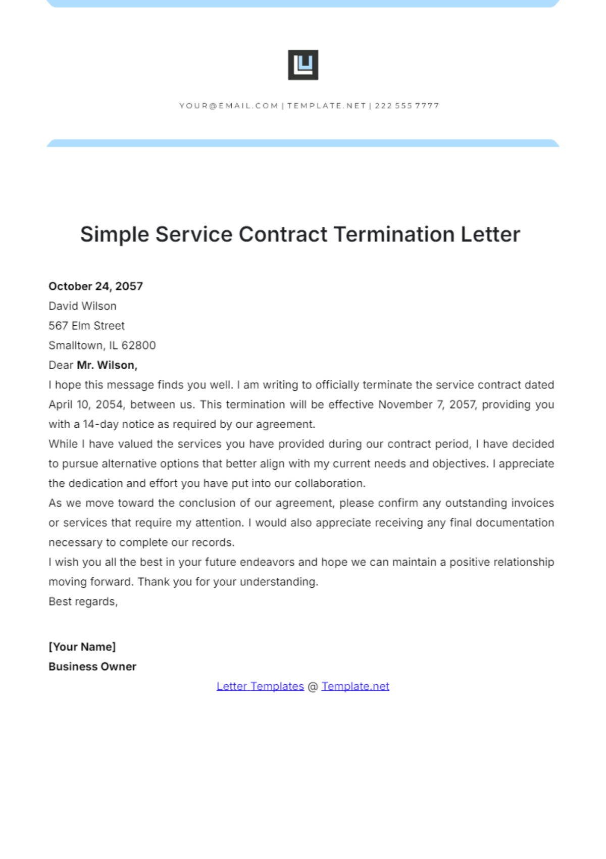 Simple Service Contract Termination Letter Template - Edit Online & Download