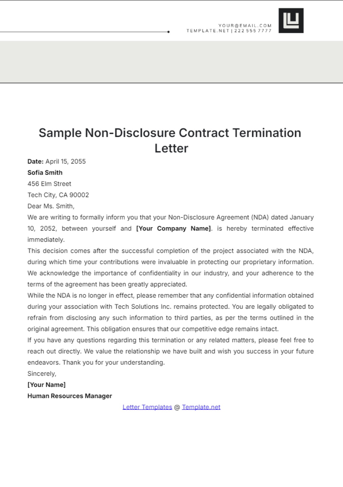 Sample Non-Disclosure Contract Termination Letter Template - Edit Online & Download