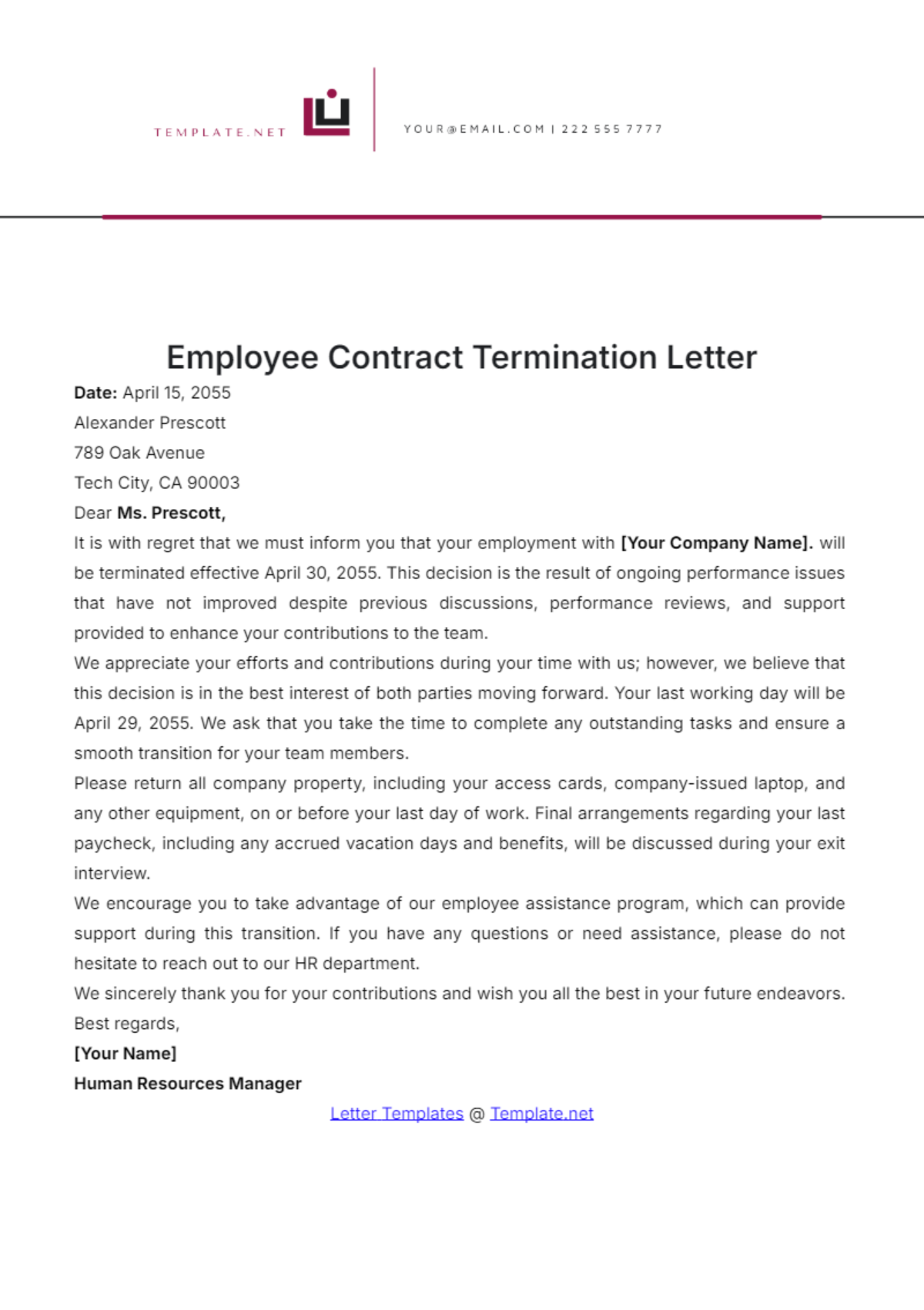 Employee Contract Termination Letter Template - Edit Online & Download