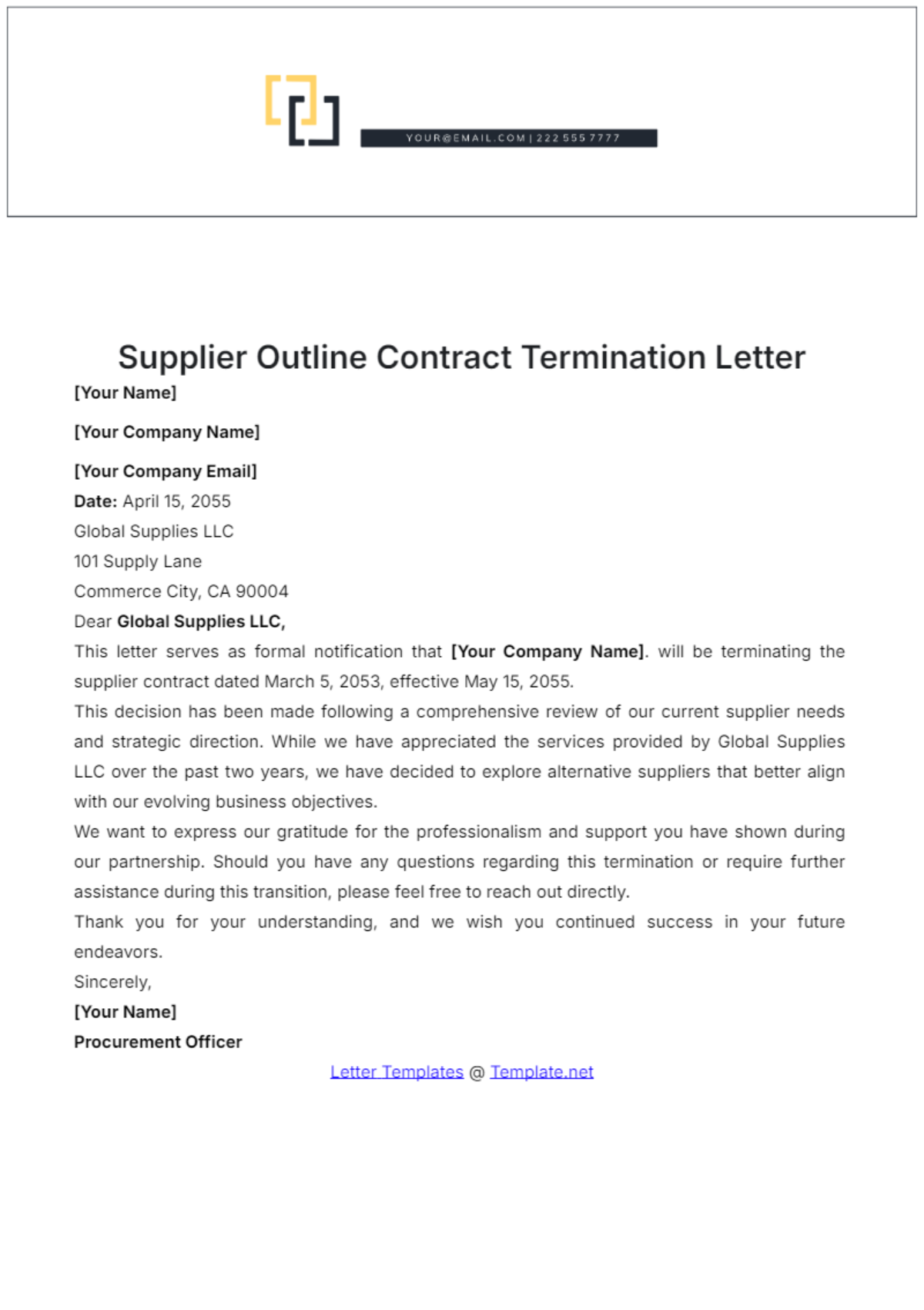 Supplier Outline Contract Termination Letter Template - Edit Online & Download