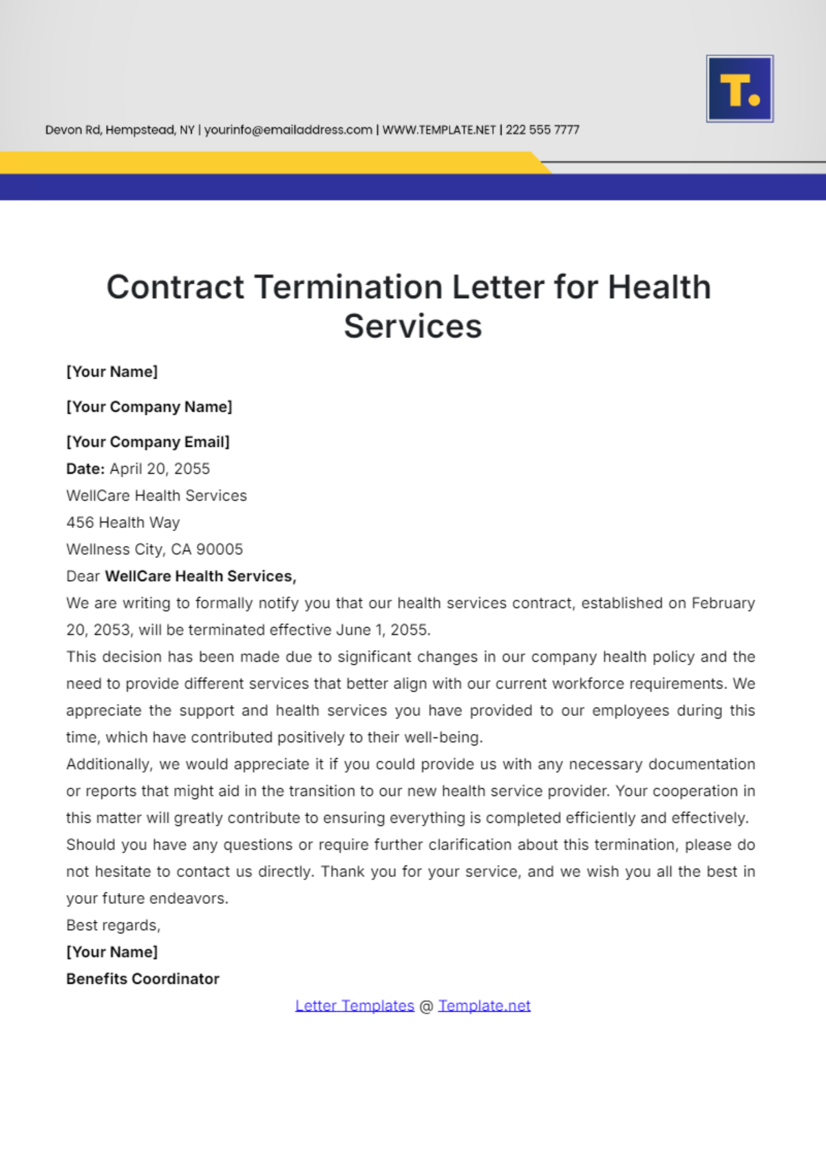 Contract Termination Letter for Health Services Template - Edit Online & Download