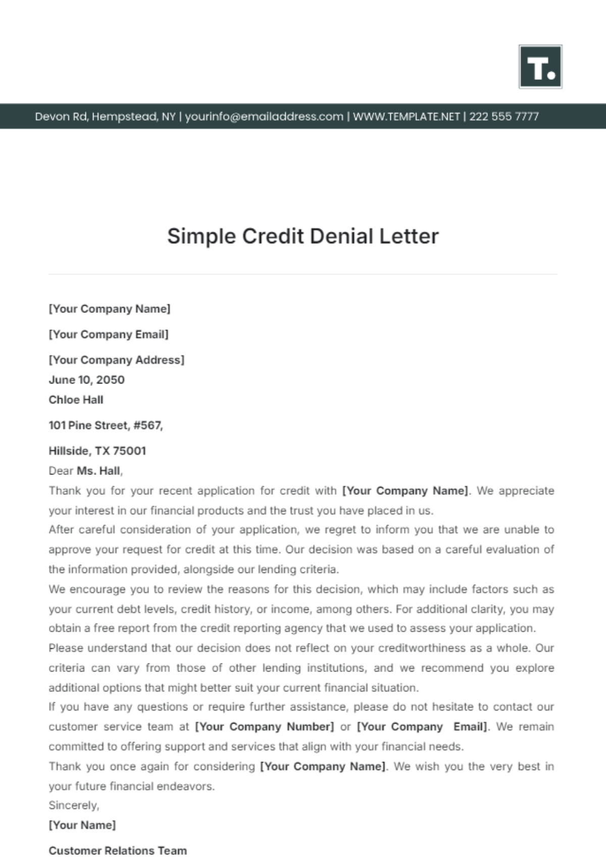 Simple Credit Denial Letter Template - Edit Online & Download