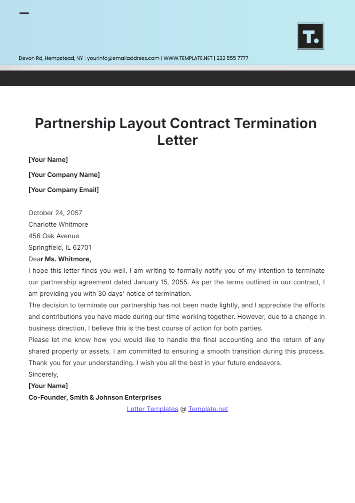 Partnership Layout Contract Termination Letter Template - Edit Online & Download