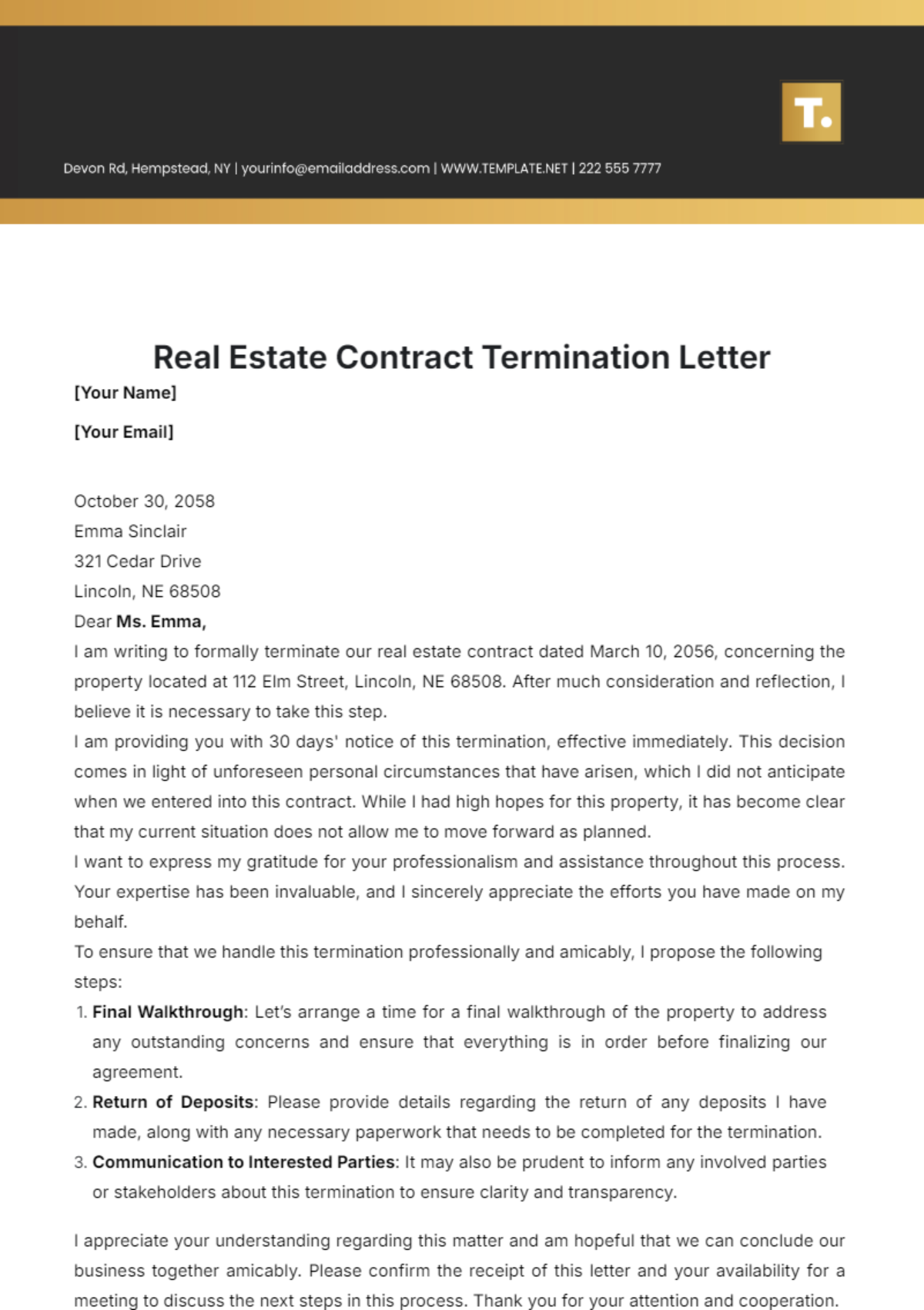 Real Estate Contract Termination Letter Template - Edit Online & Download