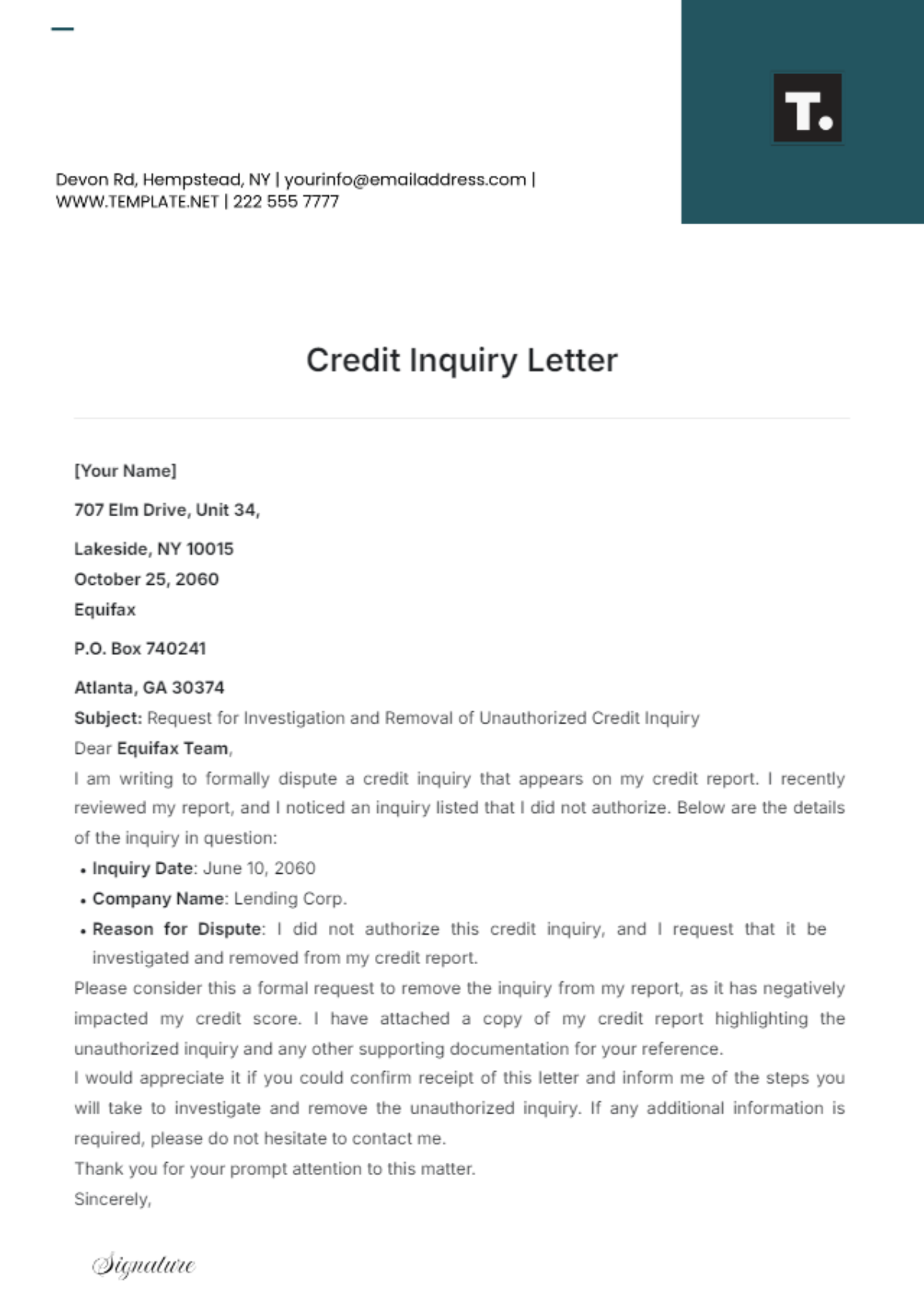 Credit Inquiry Letter Template - Edit Online & Download