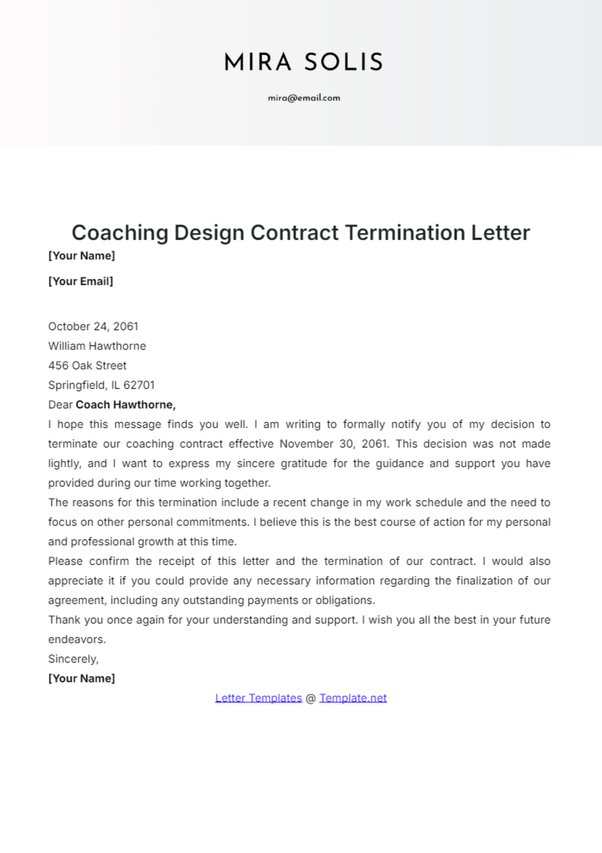 Coaching Design Contract Termination Letter Template - Edit Online & Download