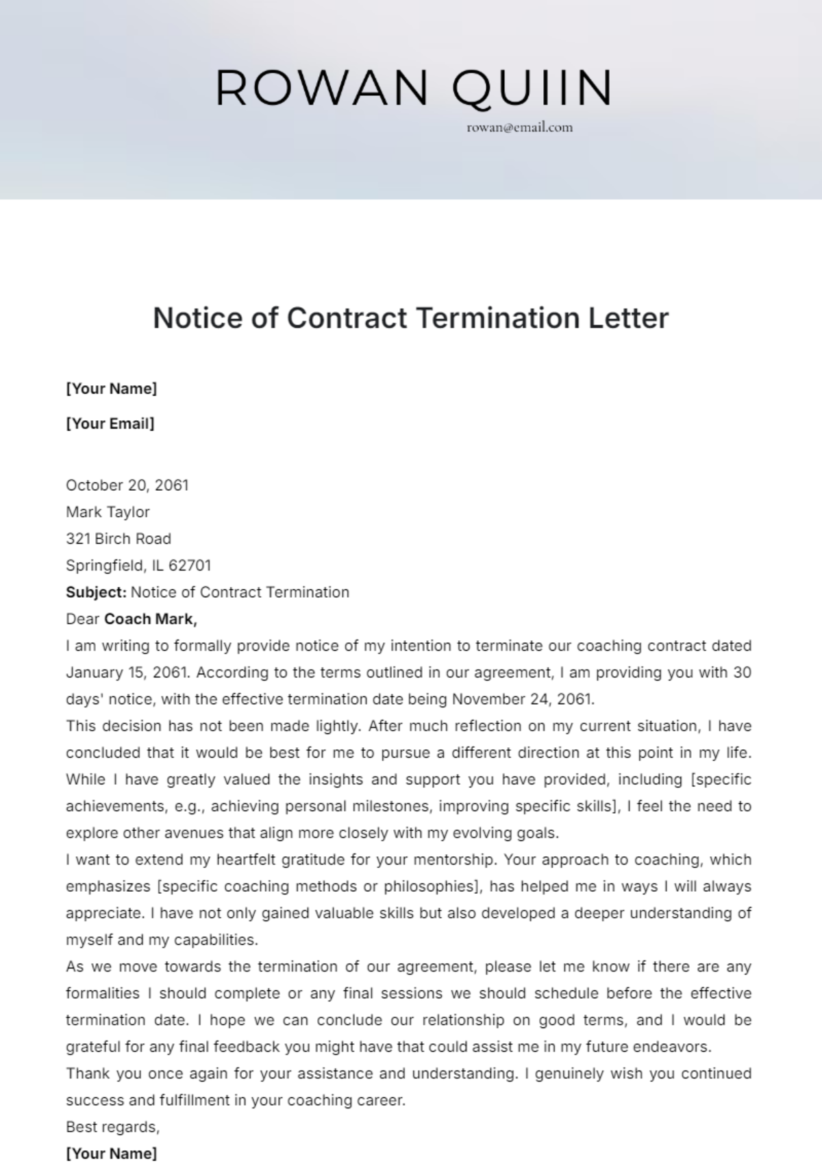 Notice of Contract Termination Letter Template