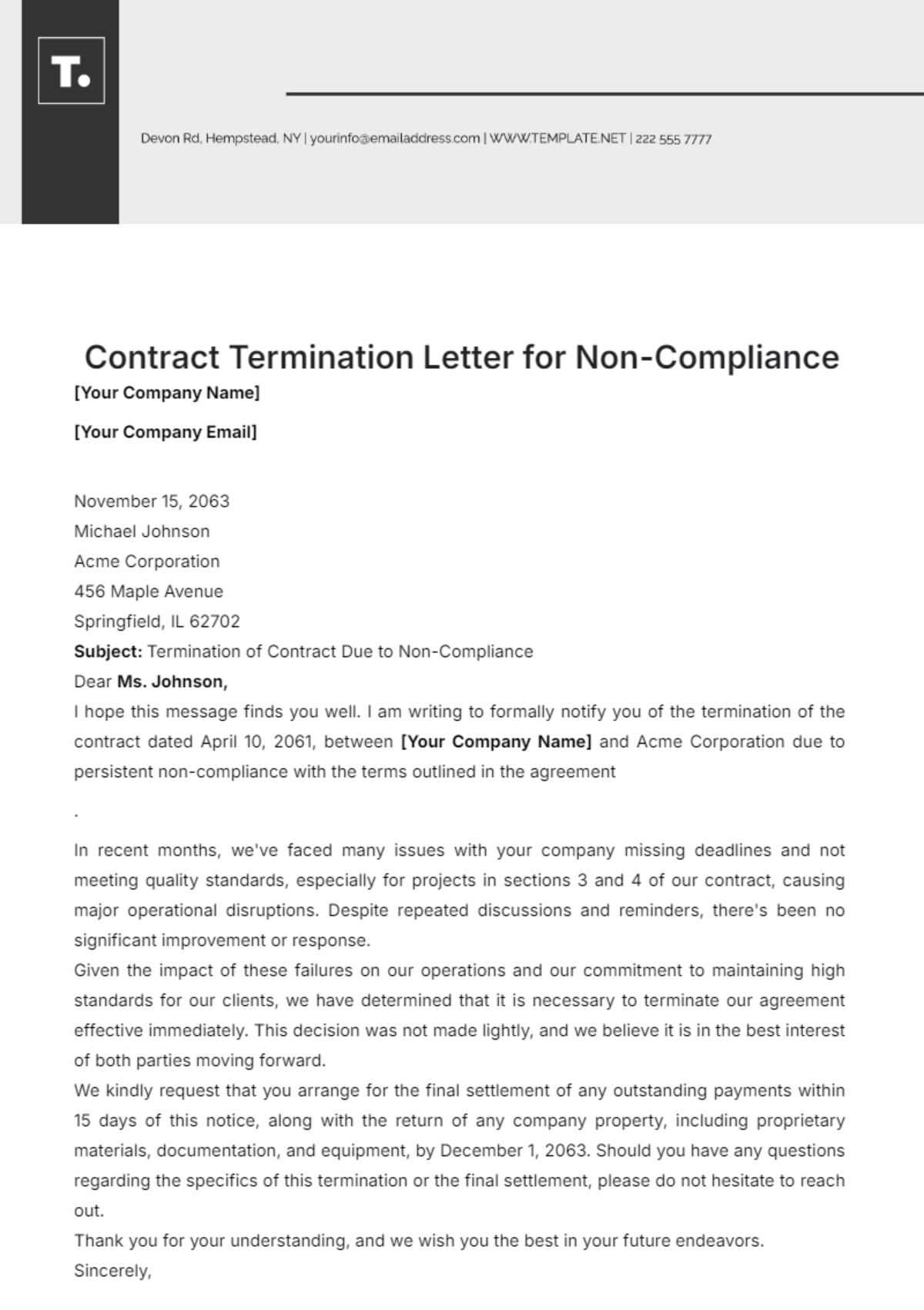 Contract Termination Letter for Non-Compliance Template - Edit Online & Download