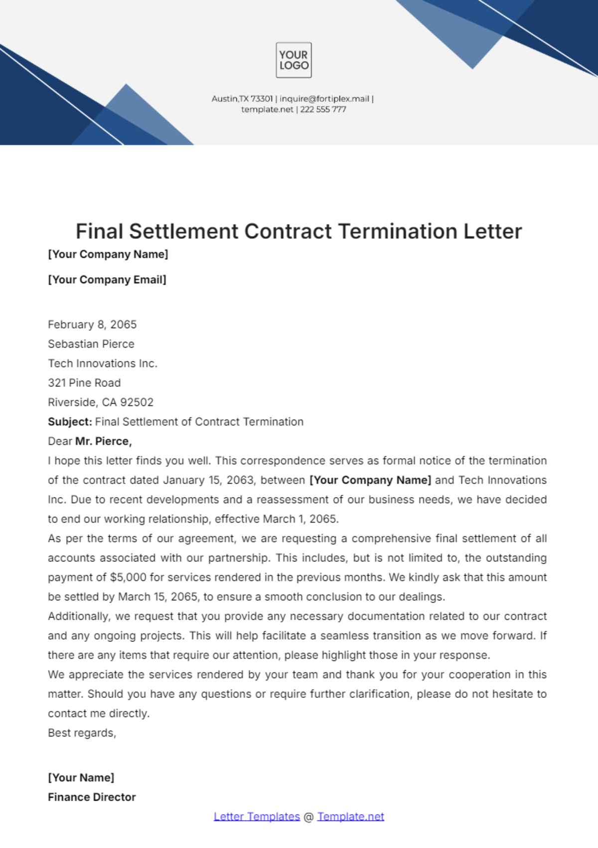 Final Settlement Contract Termination Letter Template - Edit Online & Download