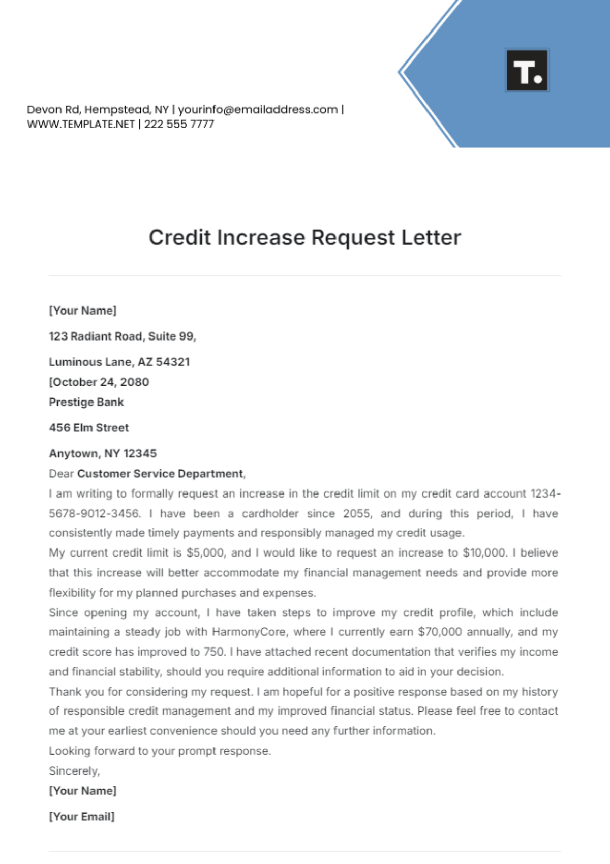 Credit Increase Request Letter Template - Edit Online & Download