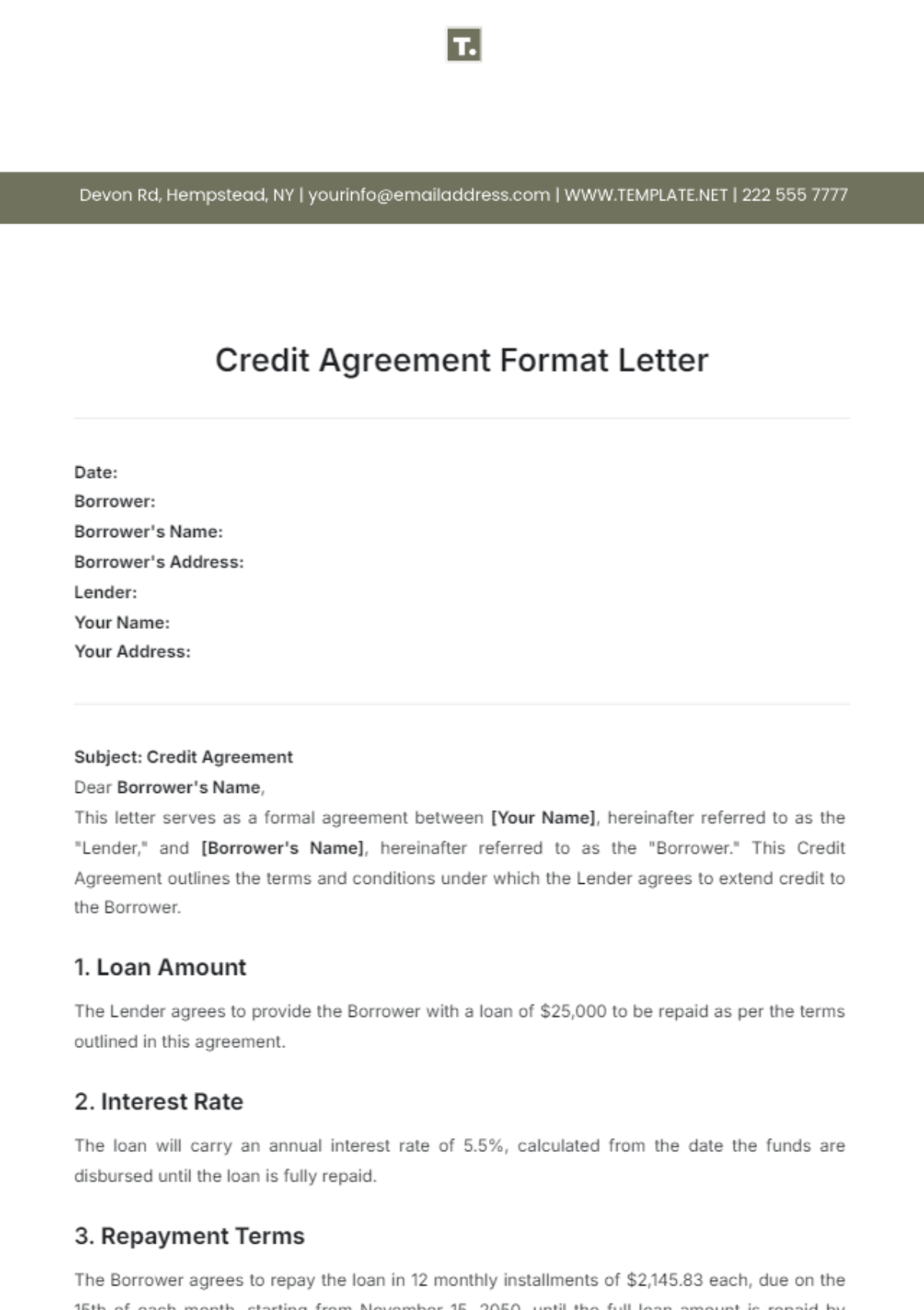 Credit Agreement Format Letter Template - Edit Online & Download