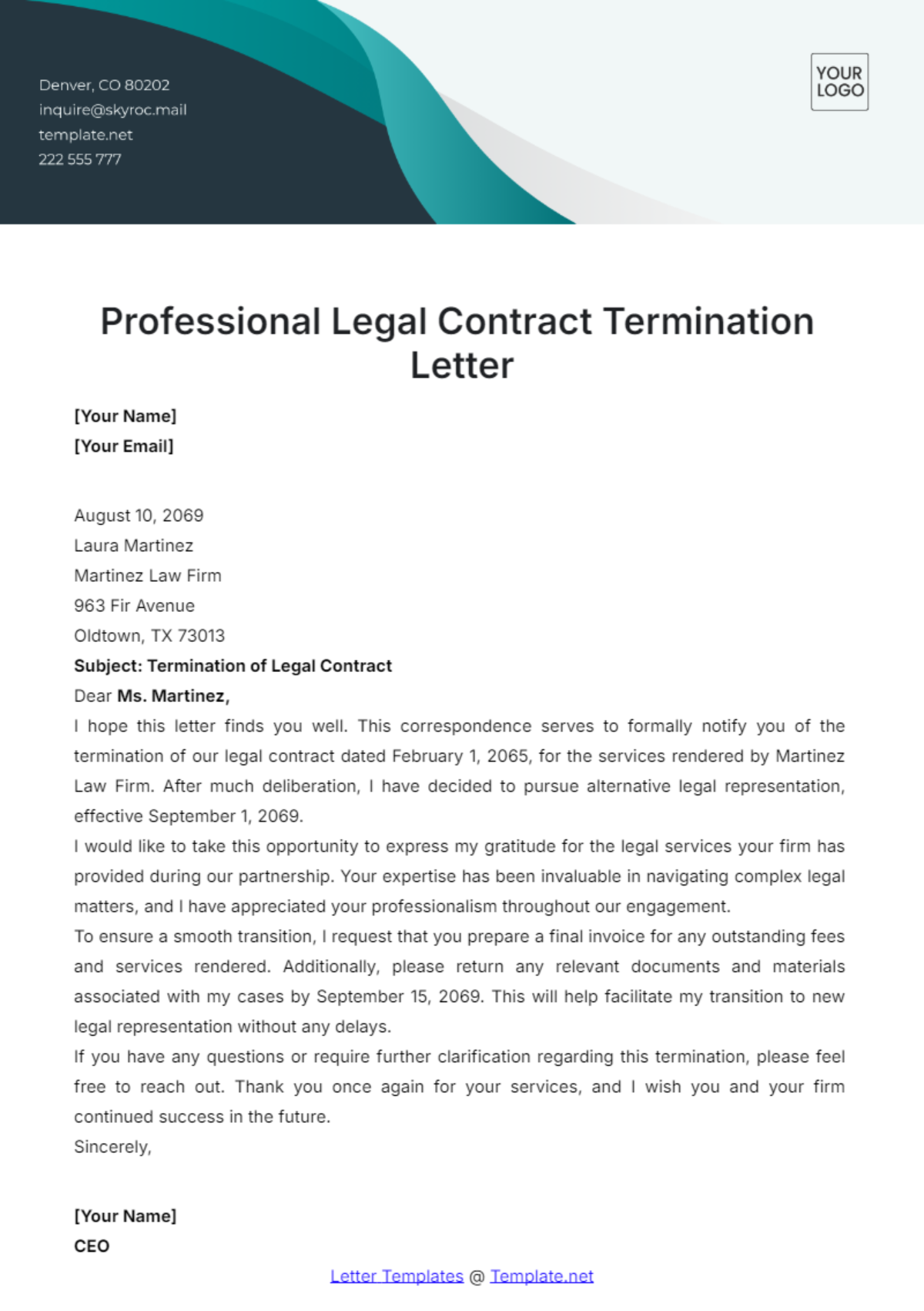 Professional Legal Contract Termination Letter Template - Edit Online & Download