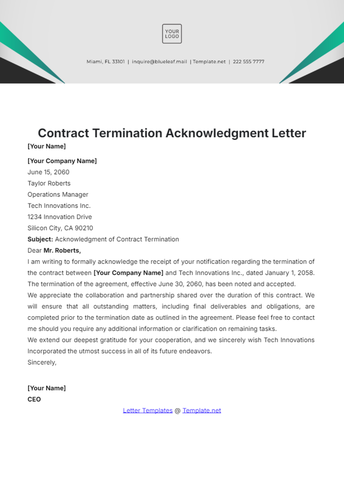 Contract Termination Acknowledgment Letter Template - Edit Online & Download