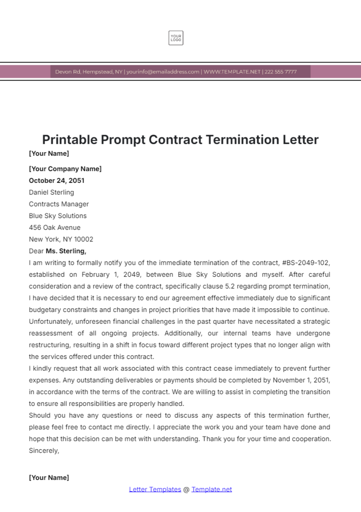 Printable Prompt Contract Termination Letter Template - Edit Online & Download