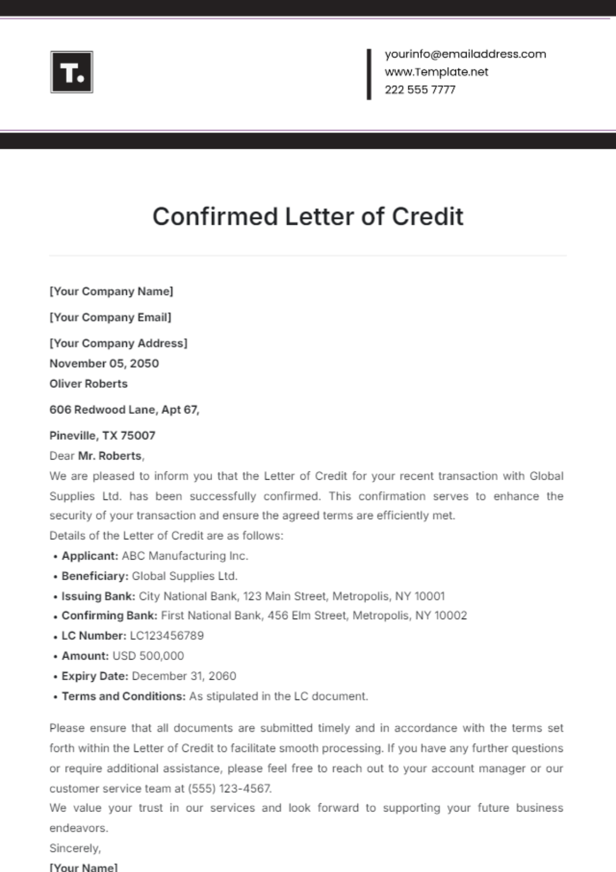 Confirmed Letter of Credit Template - Edit Online & Download