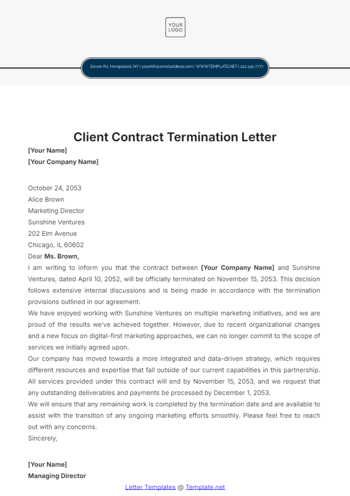 Client Contract Termination Letter Template - Edit Online & Download