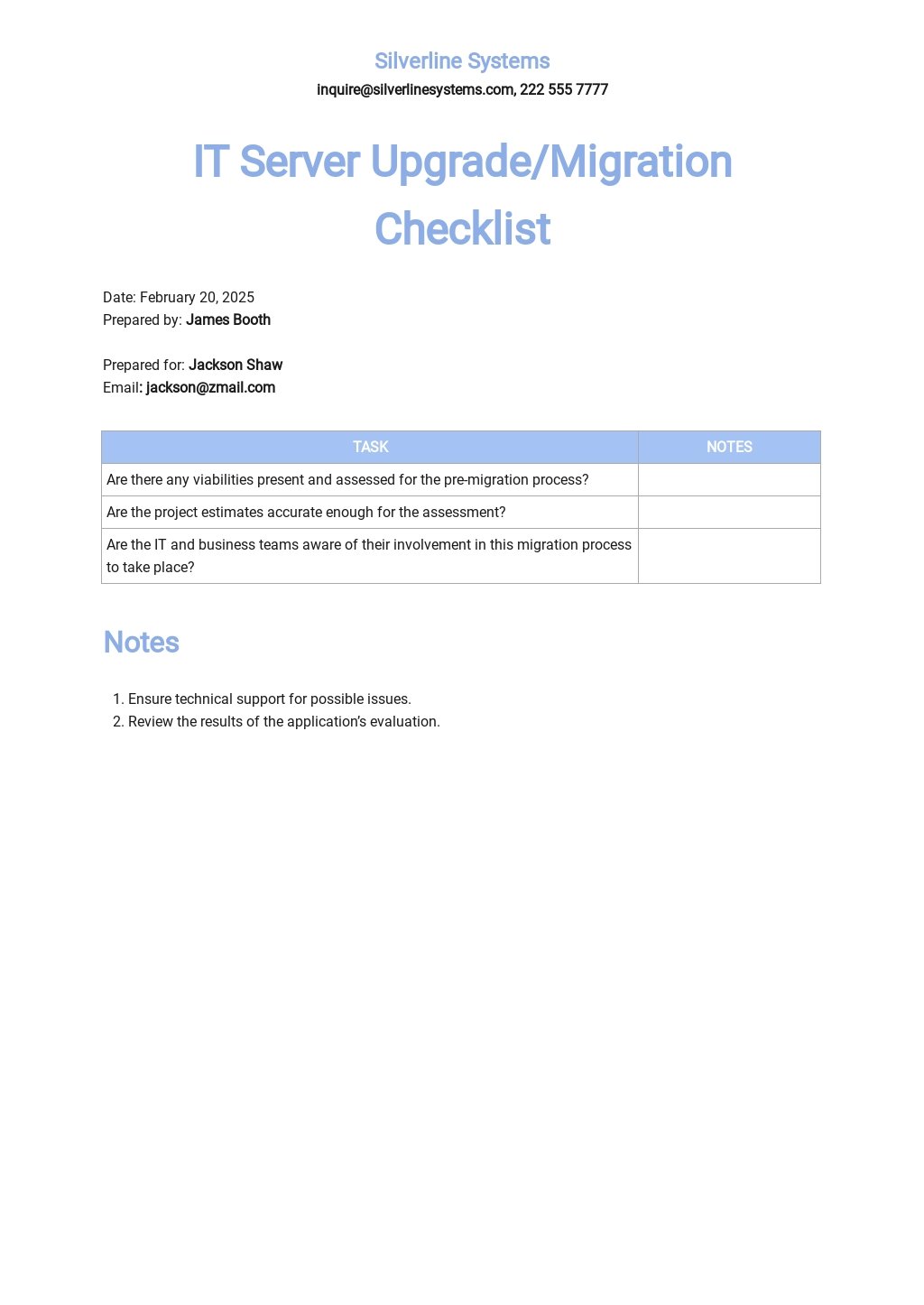 IT Server Upgrade / Migration Checklist Template Google Docs Word