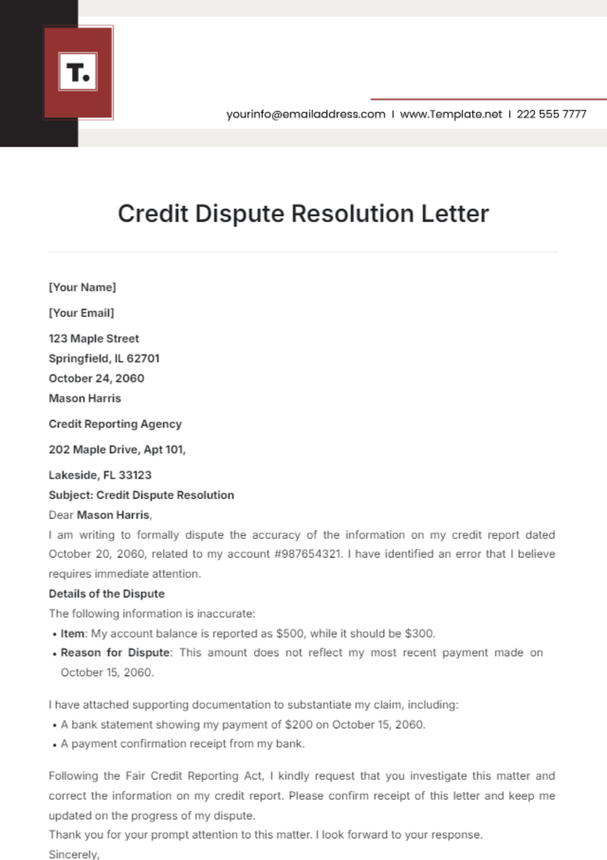 Credit Dispute Resolution Letter Template - Edit Online & Download